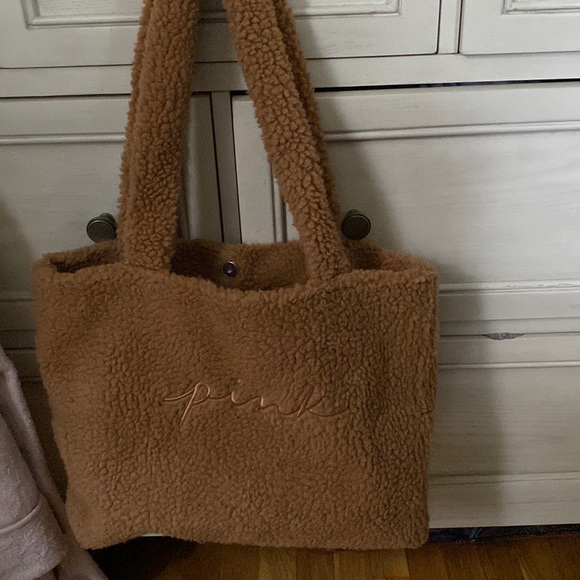 Pink (store) Fuzzy teddy bear material tote bag - Picture 1 of 3